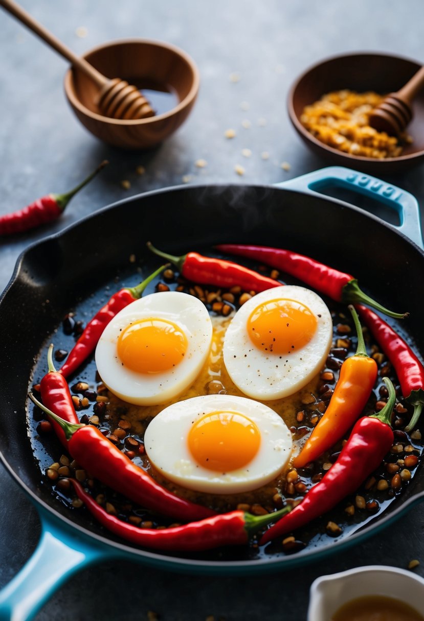 Two eggs sizzling in a hot skillet, surrounded by vibrant red chili peppers, tangy tamarind, and sweet honey