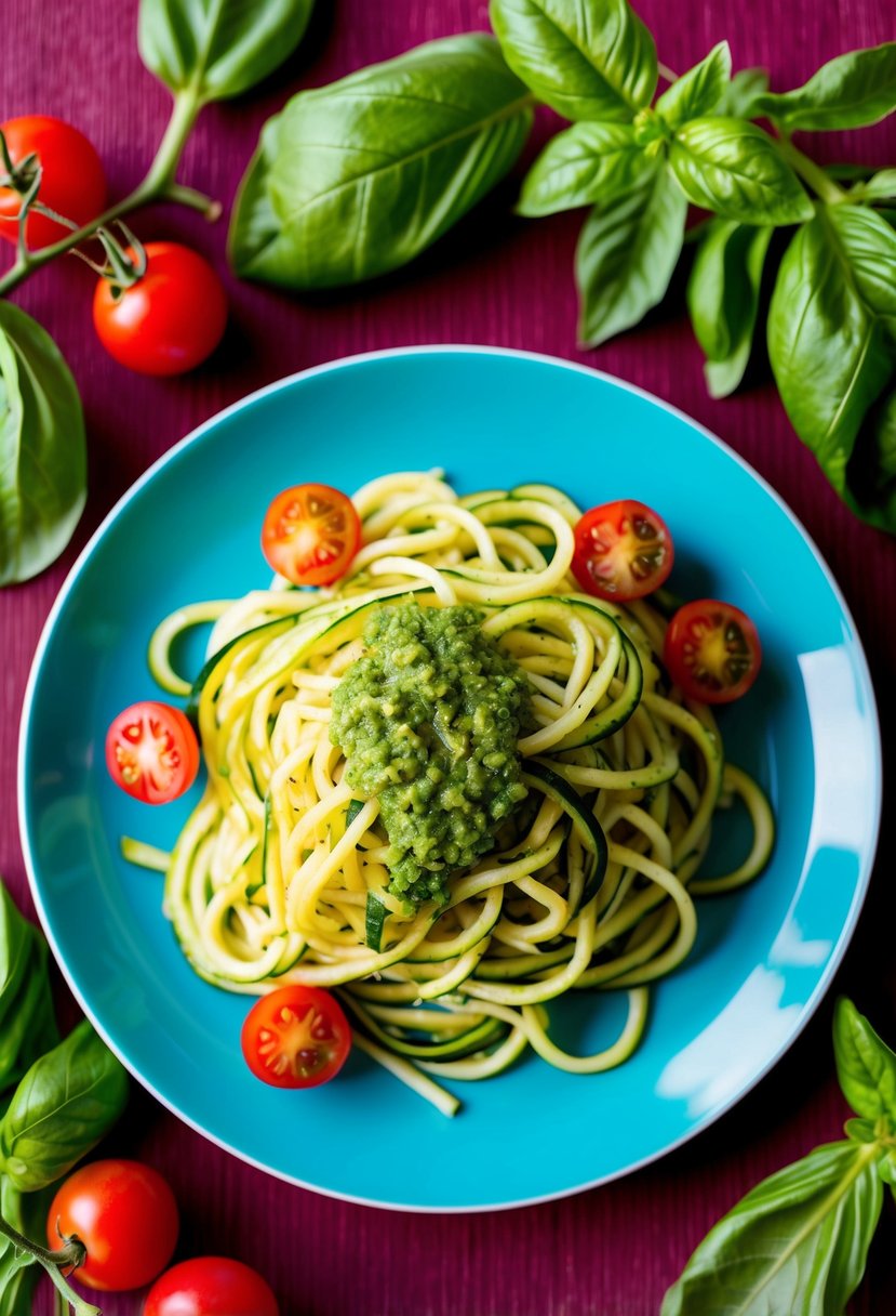 A colorful plate of zucchini noodles topped with vibrant green basil pesto, surrounded by fresh basil leaves and cherry tomatoes