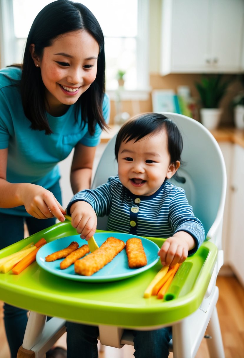 A young child sits at a high chair, eagerly reaching for a plate of homemade fish fingers and colorful vegetable sticks. A smiling parent stands nearby, ready to assist