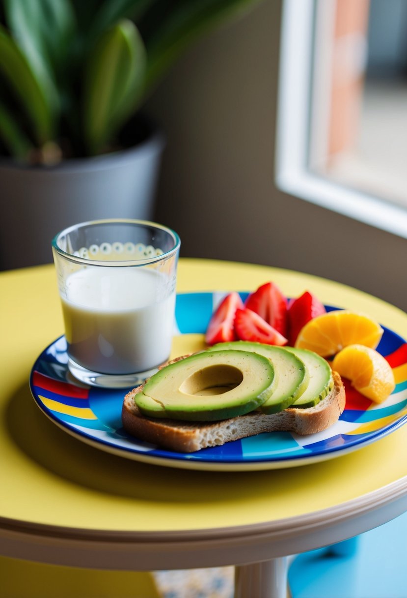 A colorful plate with avocado toast, sliced fruit, and a small glass of milk on a child-sized table