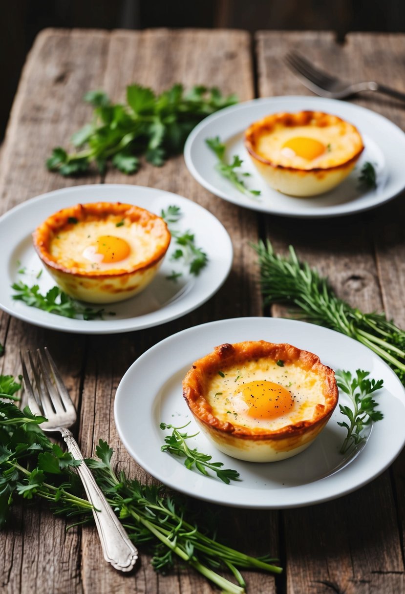 A rustic wooden table with two cheesy baked egg boats on white plates, surrounded by fresh herbs and a sprinkle of black pepper