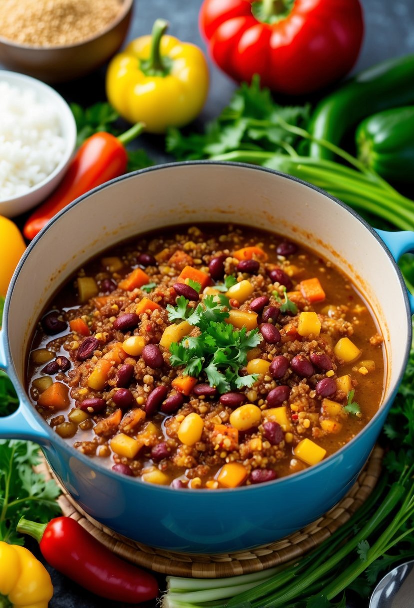 A simmering pot of quinoa and bean chili surrounded by colorful vegetables and spices