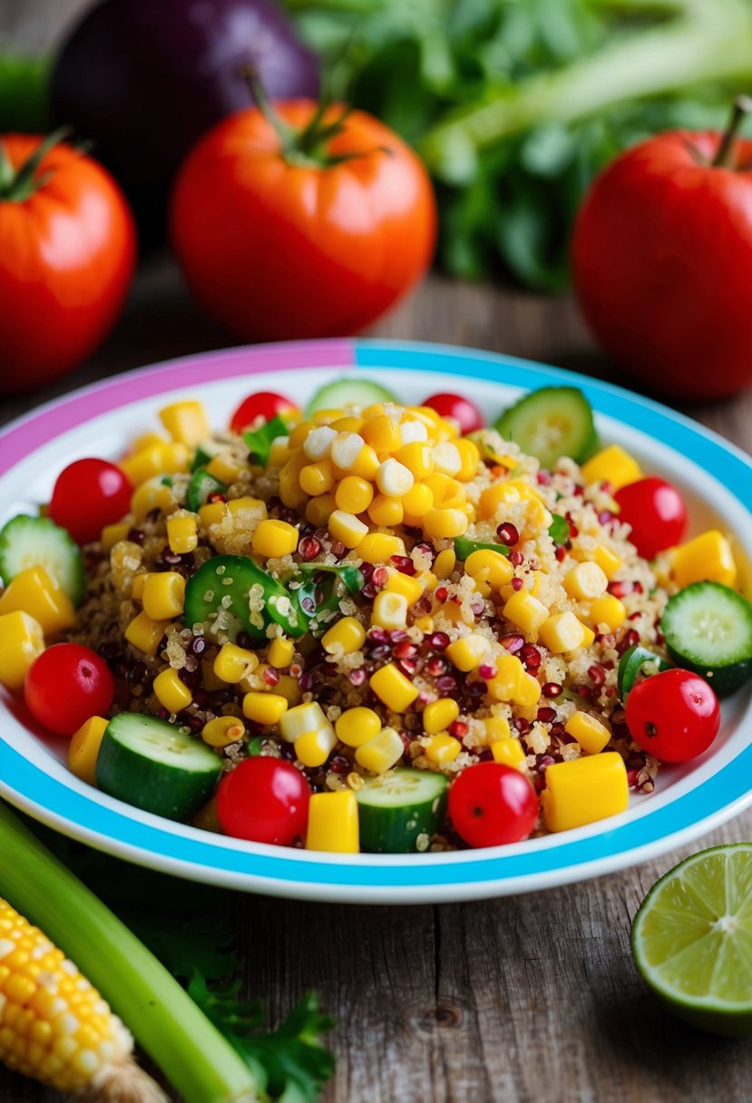 A colorful bowl of quinoa salad with corn, surrounded by fresh vegetables and fruits, on a child-friendly plate