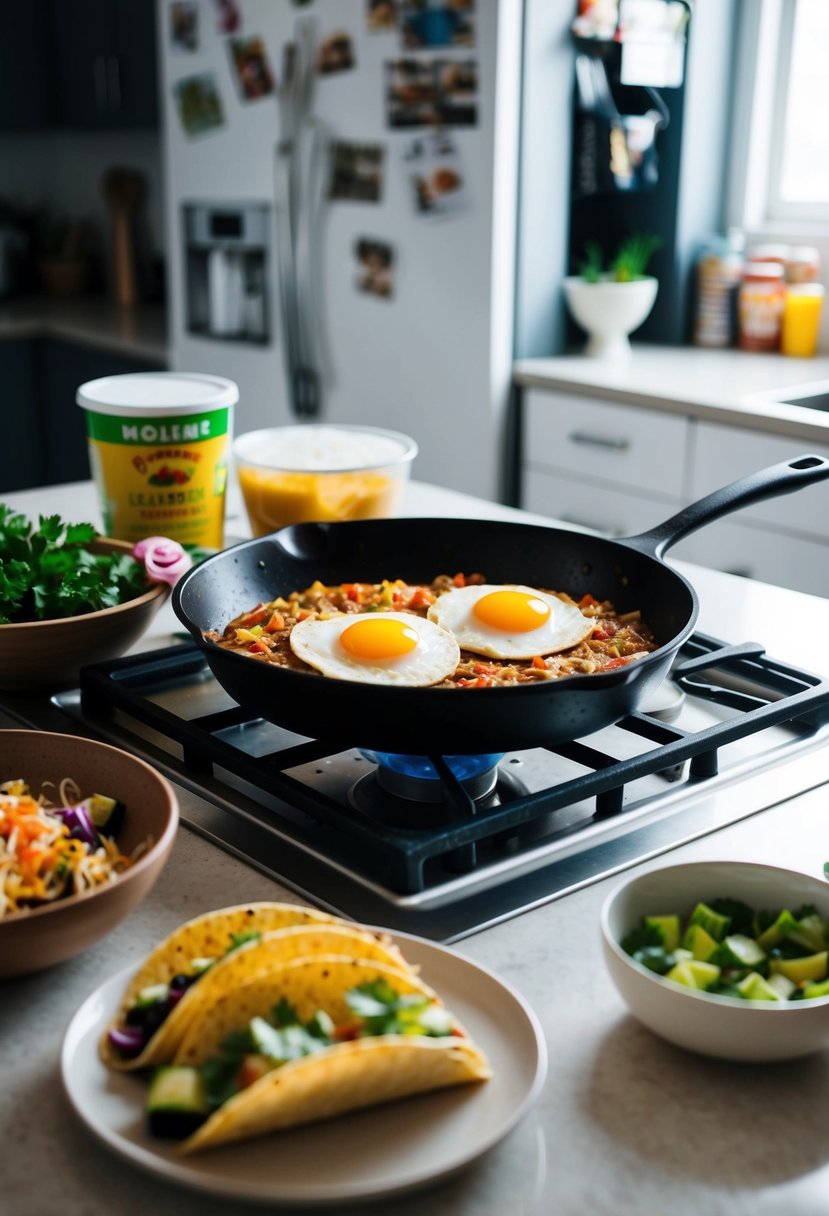 A kitchen counter with a skillet cooking egg tacos, surrounded by various leftover ingredients from the fridge