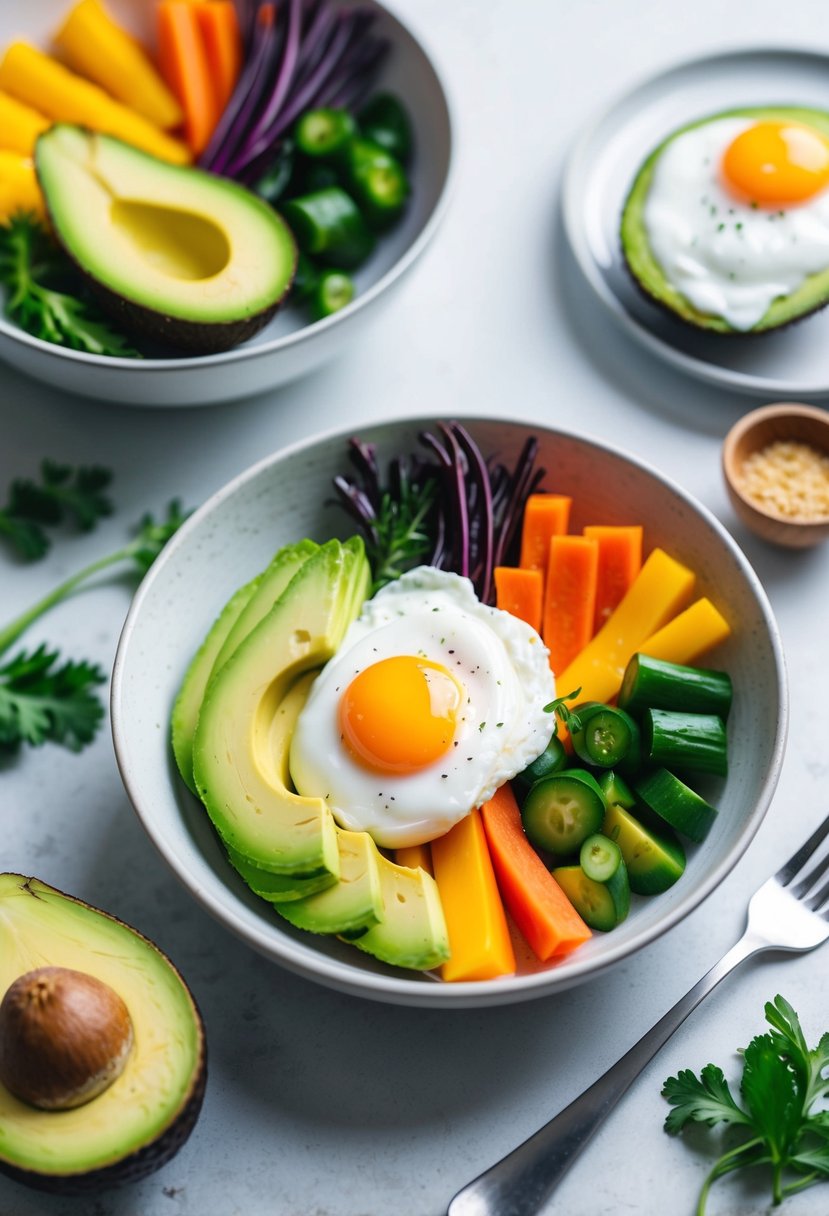 A breakfast bowl with sliced avocado, poached egg, and colorful vegetables arranged on a white ceramic plate