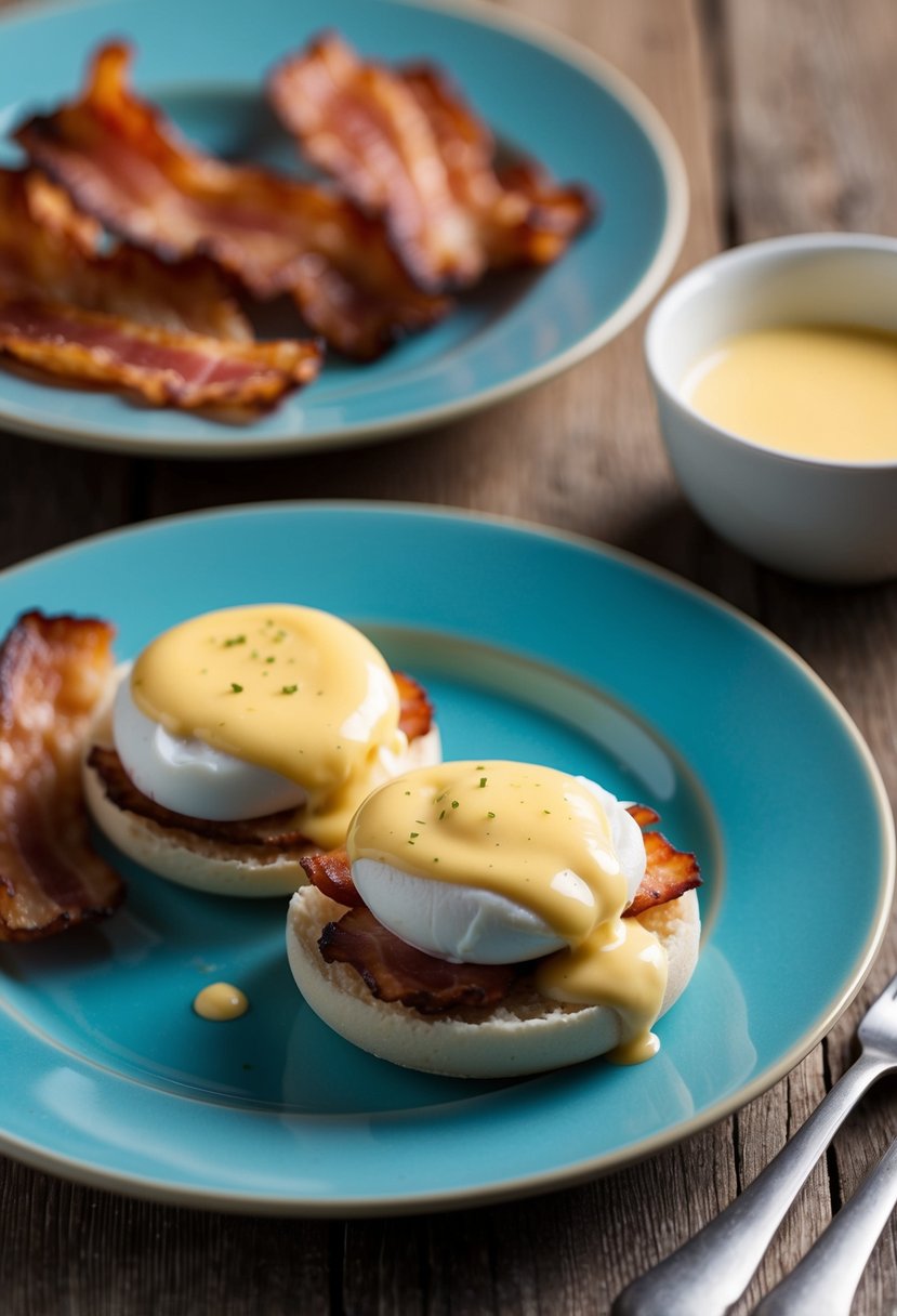 A plate with two perfectly poached eggs on English muffins, topped with creamy hollandaise sauce and served with a side of crispy bacon