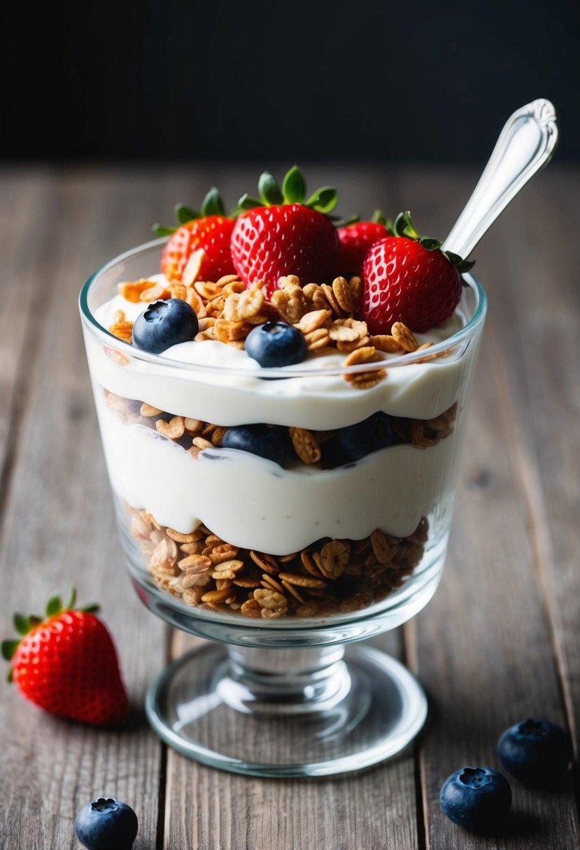 A clear glass parfait dish filled with layers of Greek yogurt, granola, and fresh berries, with a spoon resting on the side