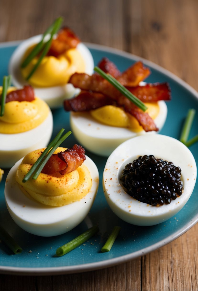 A platter of deviled eggs, one topped with crispy bacon and chives, the other with a dollop of caviar and a sprinkle of paprika