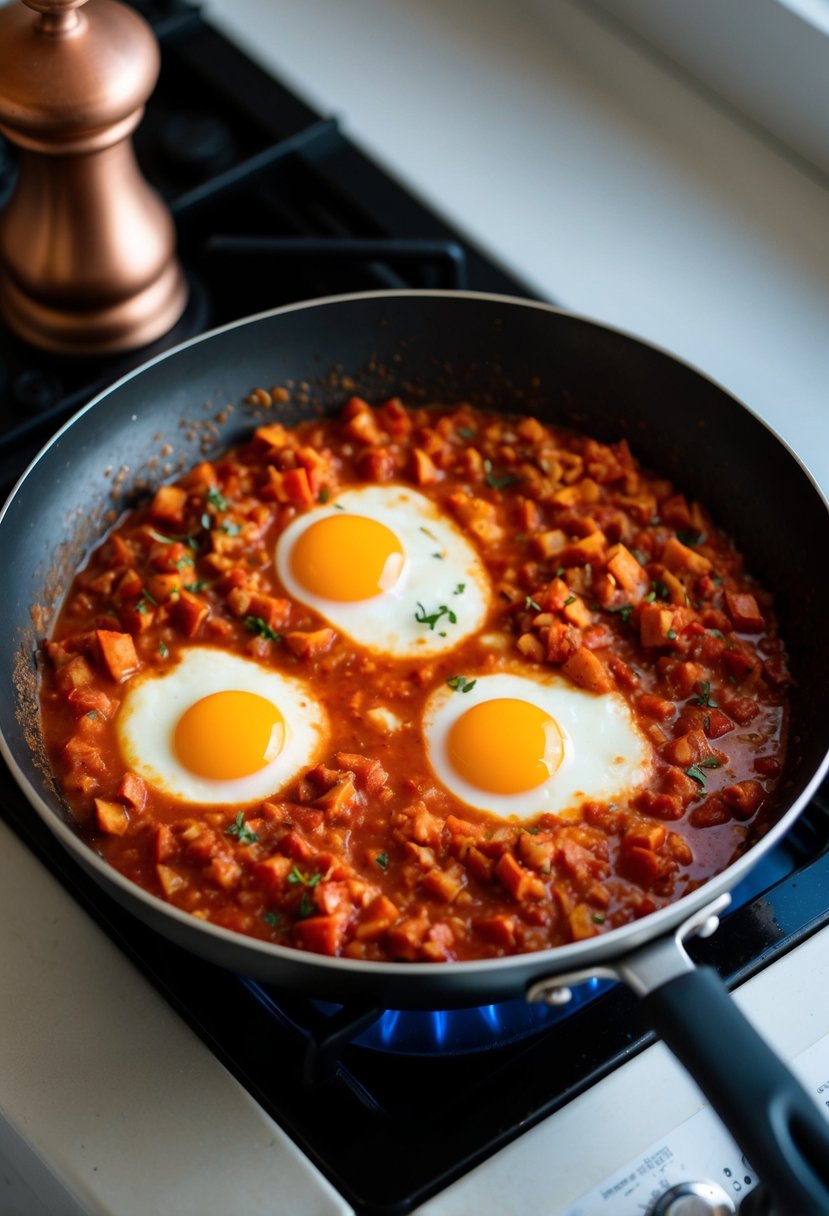 A skillet of shakshuka simmers on a stove, with two eggs cracked into the rich tomato sauce