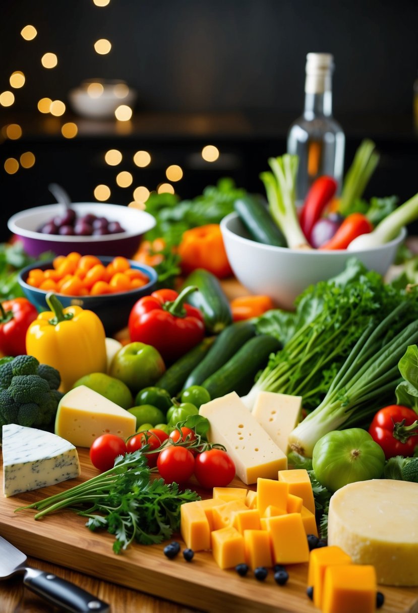 A colorful array of fresh vegetables and cheese arranged on a cutting board, surrounded by cooking utensils and a mixing bowl