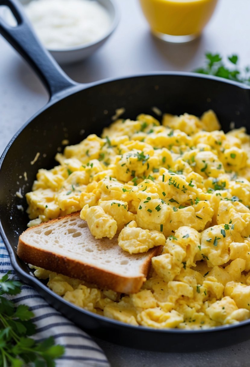 A skillet with soft and creamy scrambled eggs, garnished with herbs and served with toast