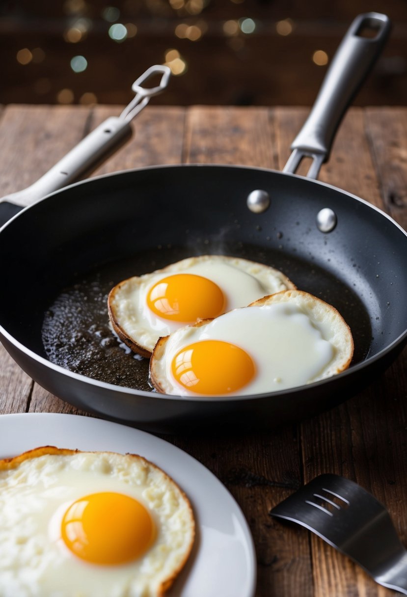 Two sunny-side-up eggs sizzling in a skillet, with a spatula nearby and a plate waiting to receive them