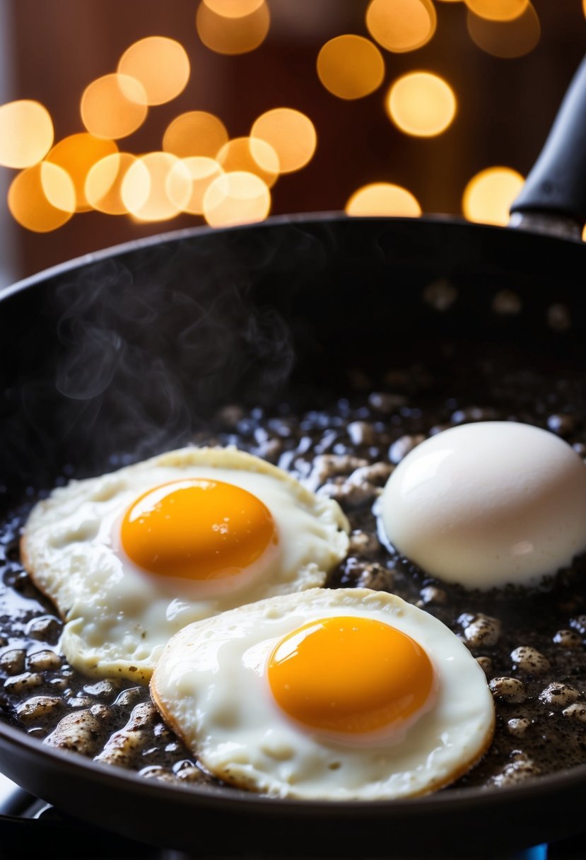 Two over-easy eggs cooking in a sizzling skillet