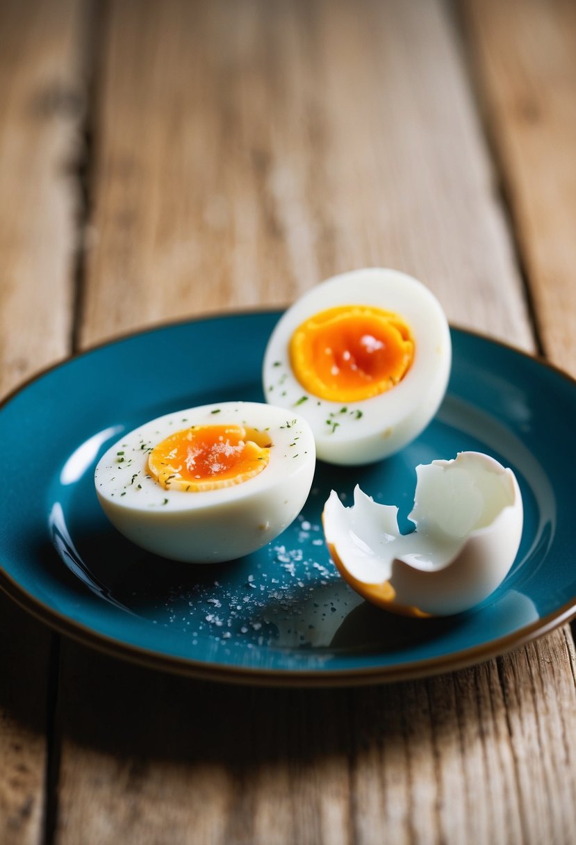 Two hard-boiled eggs on a plate, one sliced in half with a sprinkle of salt, the other whole with a shell cracked open