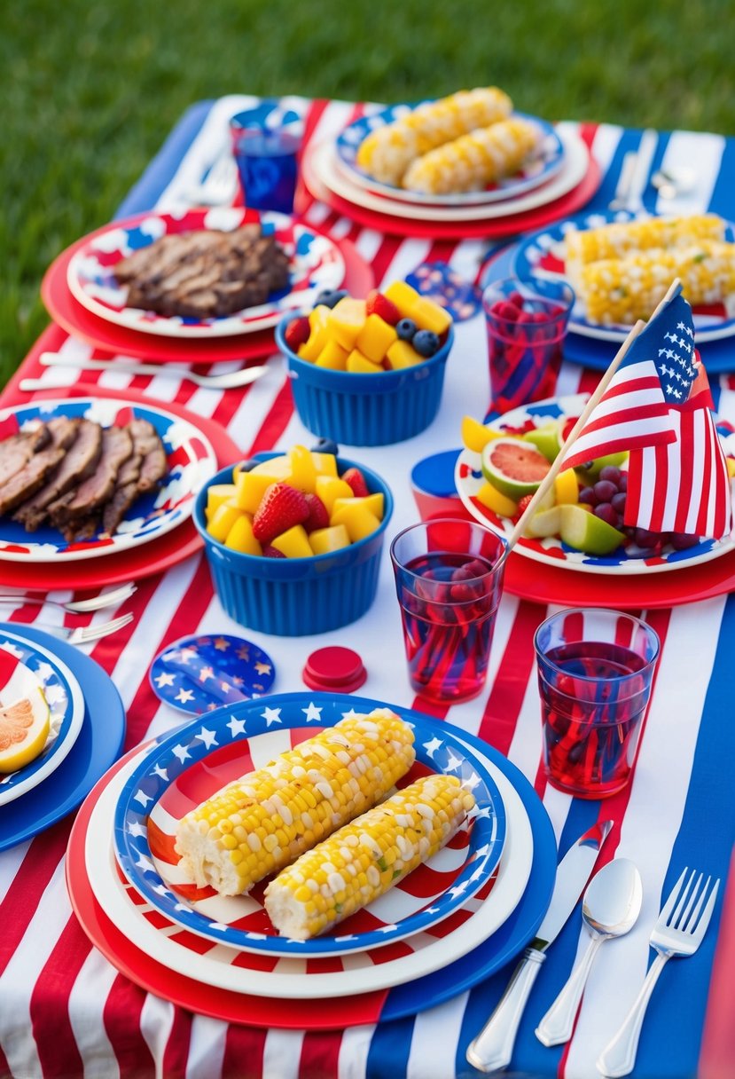 A picnic table adorned with red, white, and blue decorations. Grilled meats, corn on the cob, and colorful fruit salads are arranged on patriotic-themed plates