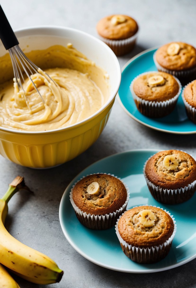 A bowl of banana bread batter being mixed next to a plate of freshly baked banana muffins