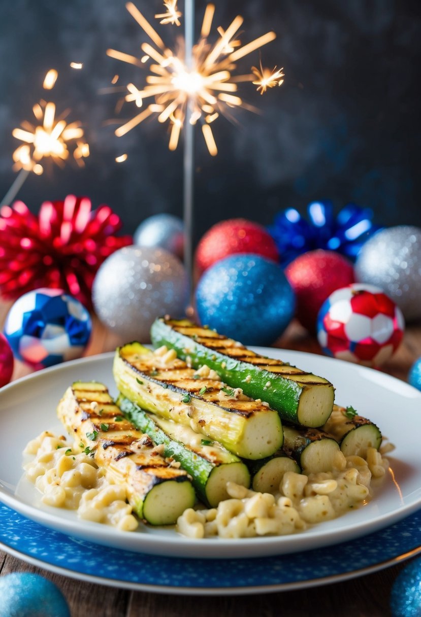 A plate of grilled zucchini carbonara surrounded by red, white, and blue decorations, with a sparkler in the background