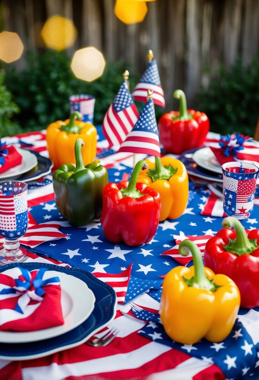 A table set with colorful stuffed bell peppers, surrounded by festive 4th of July decorations and a patriotic tablecloth