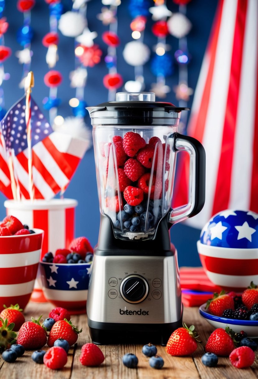 A colorful array of berries and a blender surrounded by festive 4th of July decorations