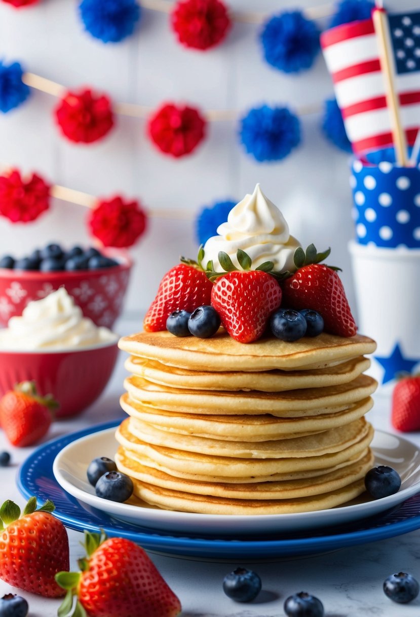 A stack of golden pancakes topped with fresh strawberries, blueberries, and whipped cream, set against a backdrop of red, white, and blue decorations for the 4th of July