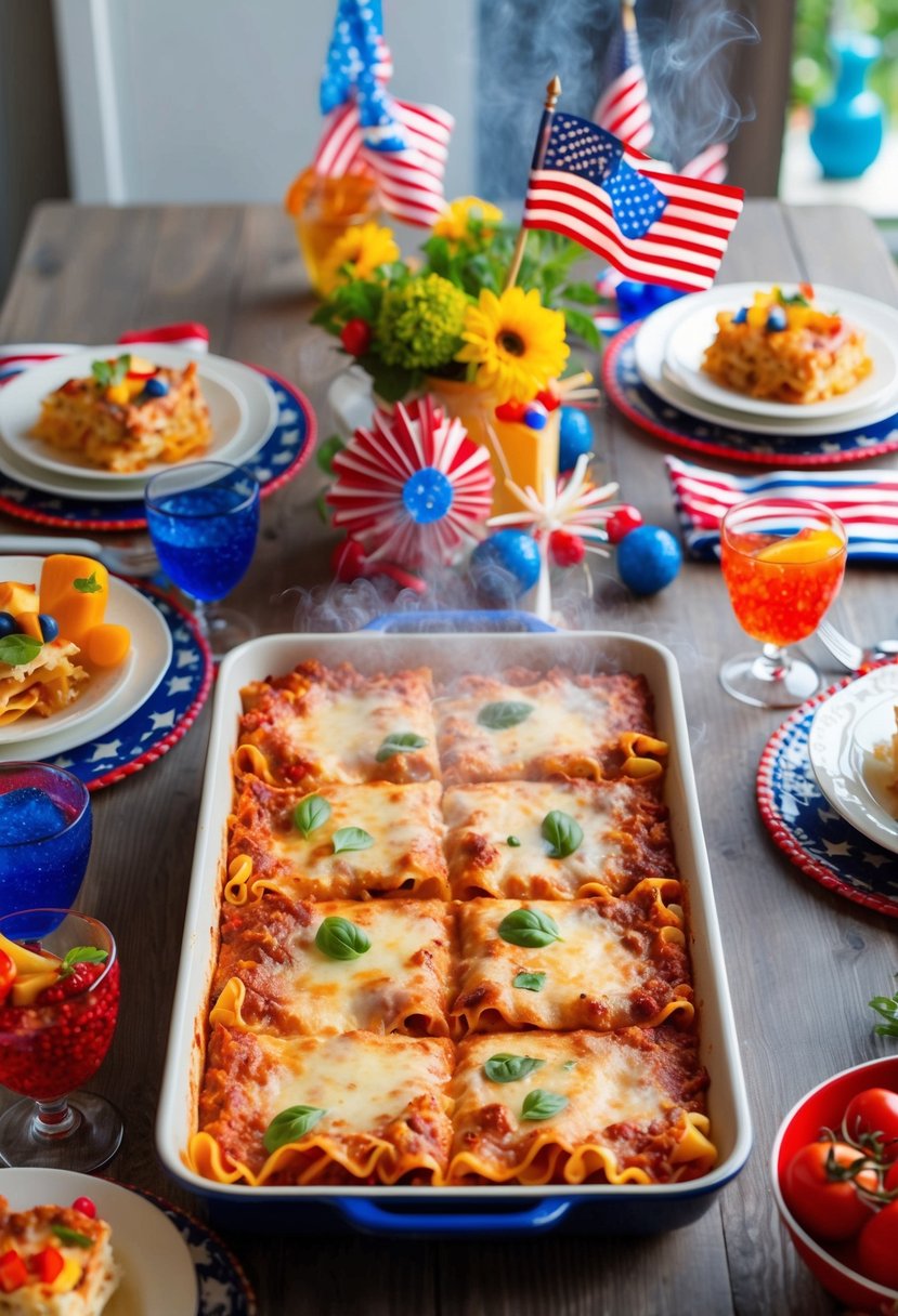 A festive table set with a steaming hot tray of summery lasagna, surrounded by colorful 4th of July decorations and fresh ingredients