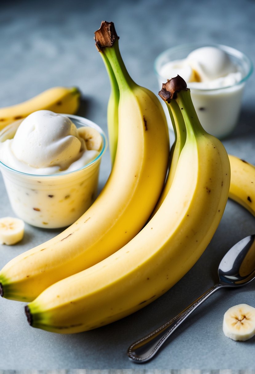 Two ripe bananas surrounded by frozen yogurt, with a spoon resting nearby