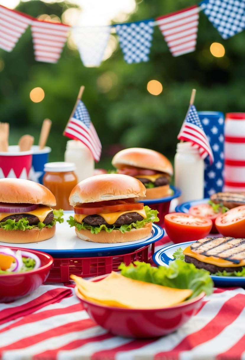 A picnic table set with grilled burgers, buns, lettuce, tomato, onion, cheese, and condiments, surrounded by festive 4th of July decor