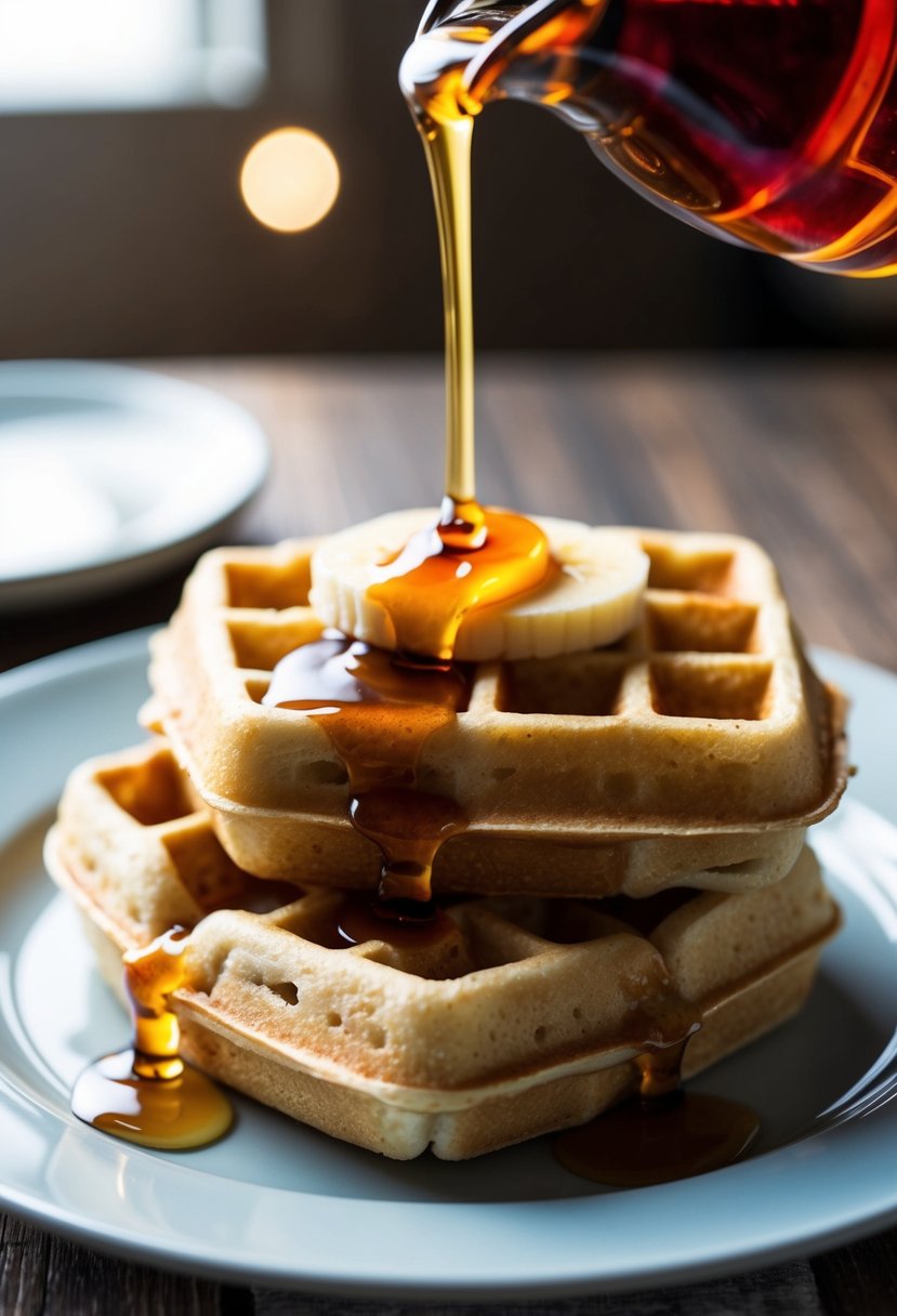 Two banana waffles drizzled with maple syrup on a plate