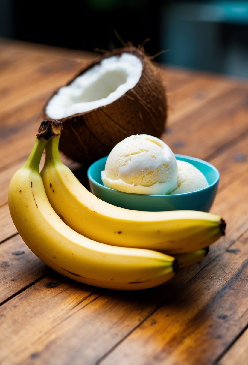 Two ripe bananas, a coconut, and a bowl of ice cream