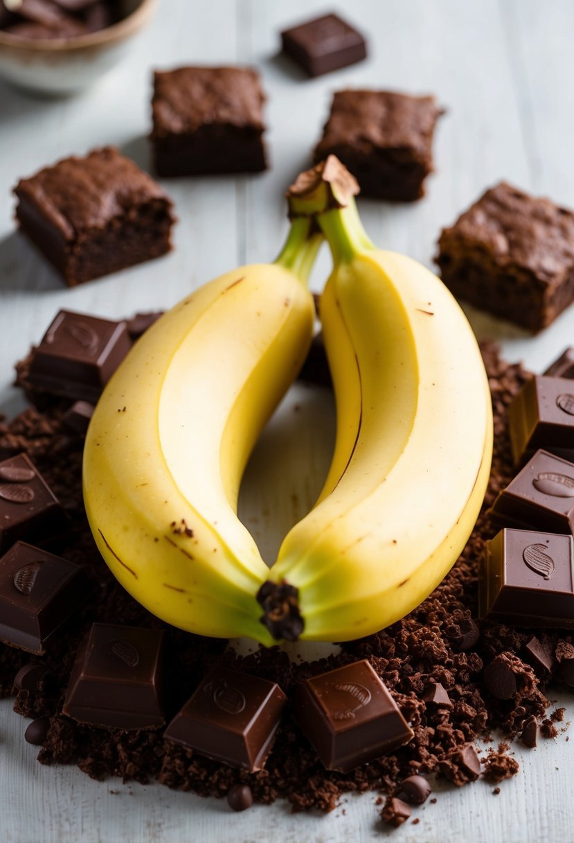 Two ripe bananas surrounded by chocolate and brownie ingredients