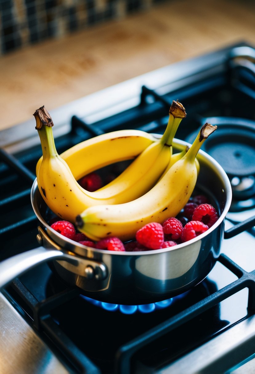 Two ripe bananas and a handful of raspberries in a small saucepan, simmering on a stovetop