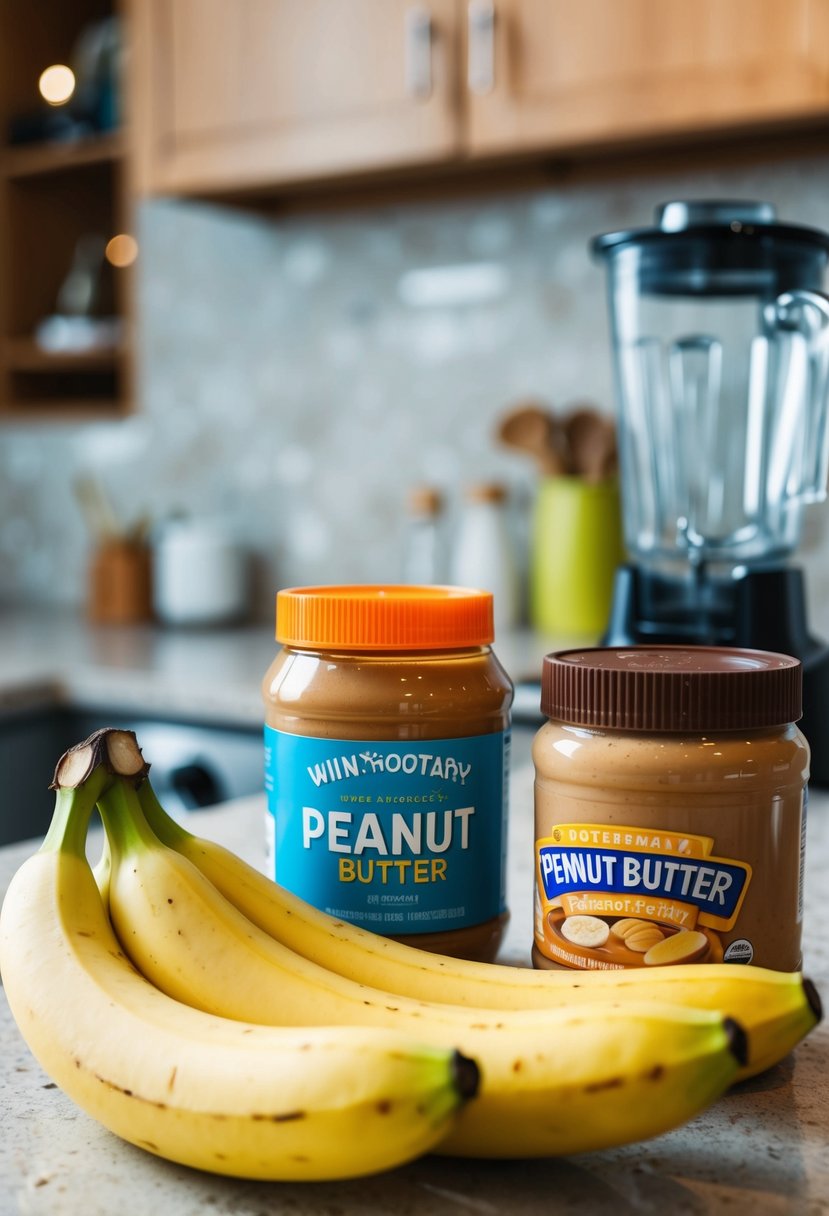 Two ripe bananas and a jar of peanut butter on a kitchen counter. A blender sits nearby, ready to mix the ingredients into a smoothie