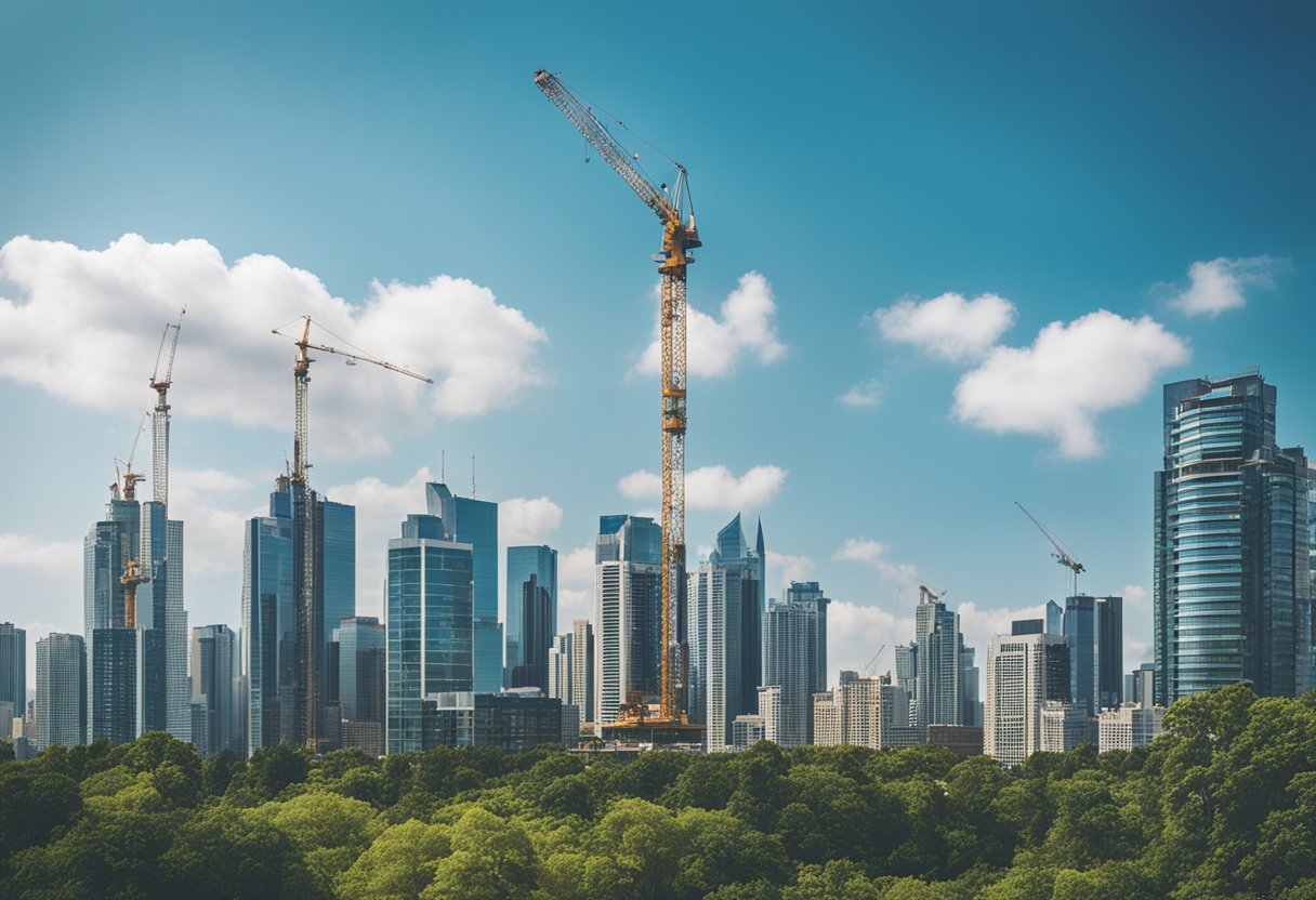 A bustling city skyline with modern high-rise buildings and construction cranes against a backdrop of blue skies and lush greenery