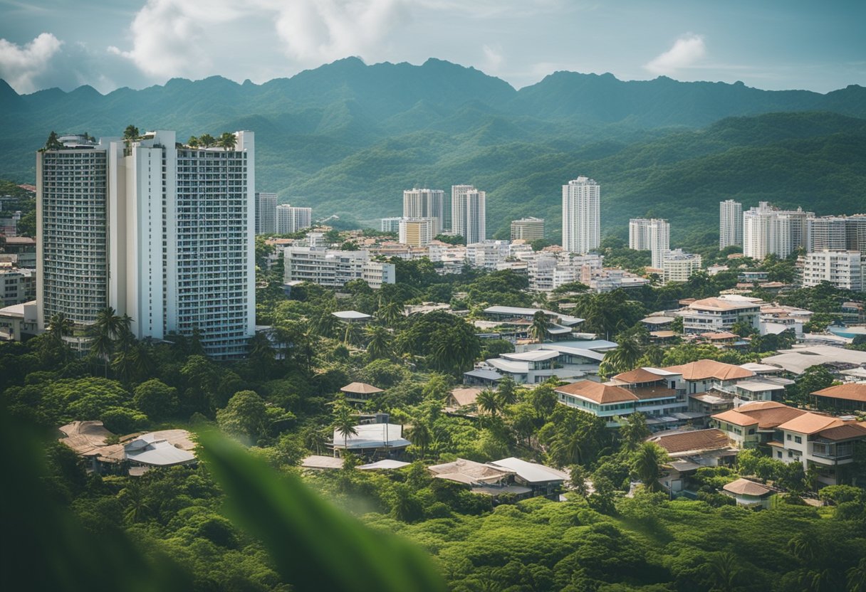 A bustling cityscape of Cebu, with modern high-rise buildings and construction sites, surrounded by lush greenery and a vibrant urban atmosphere