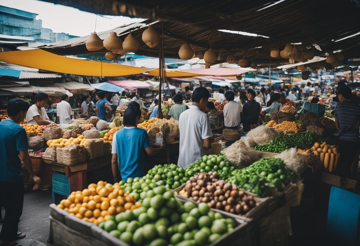 A bustling marketplace with various goods being exchanged, symbolizing increased demand due to affordable financing in the Philippines