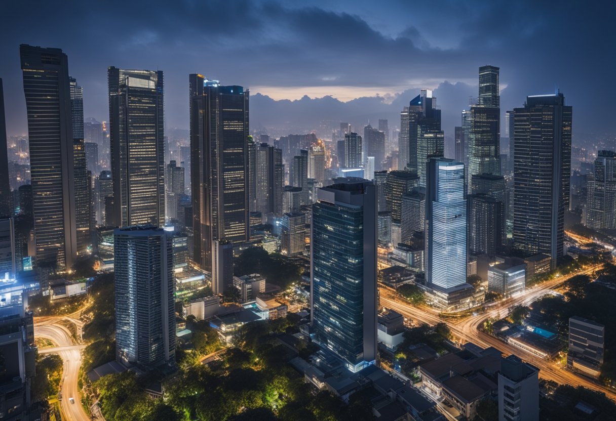 A bustling city skyline with modern skyscrapers and bustling streets, showcasing a vibrant and growing economy in the Philippines for 2025