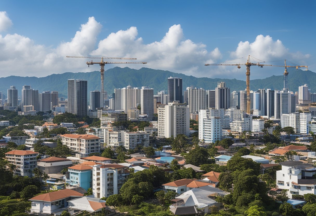 A bustling cityscape of Cebu, Philippines with modern high-rise buildings and construction cranes against a backdrop of a clear blue sky