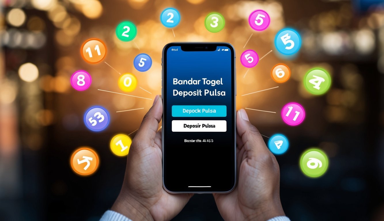 Sebuah ponsel dengan layar bercahaya menampilkan situs web "Bandar Togel Deposit Pulsa", dikelilingi oleh berbagai simbol dan angka berwarna-warni