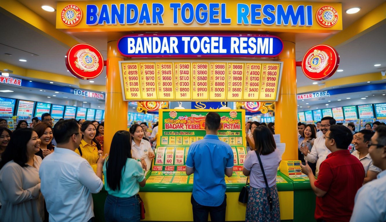 Sebuah stan tiket lotere yang berwarna-warni dan cerah dengan tanda besar bertuliskan "Bandar Togel Resmi" dikelilingi oleh pelanggan yang bersemangat