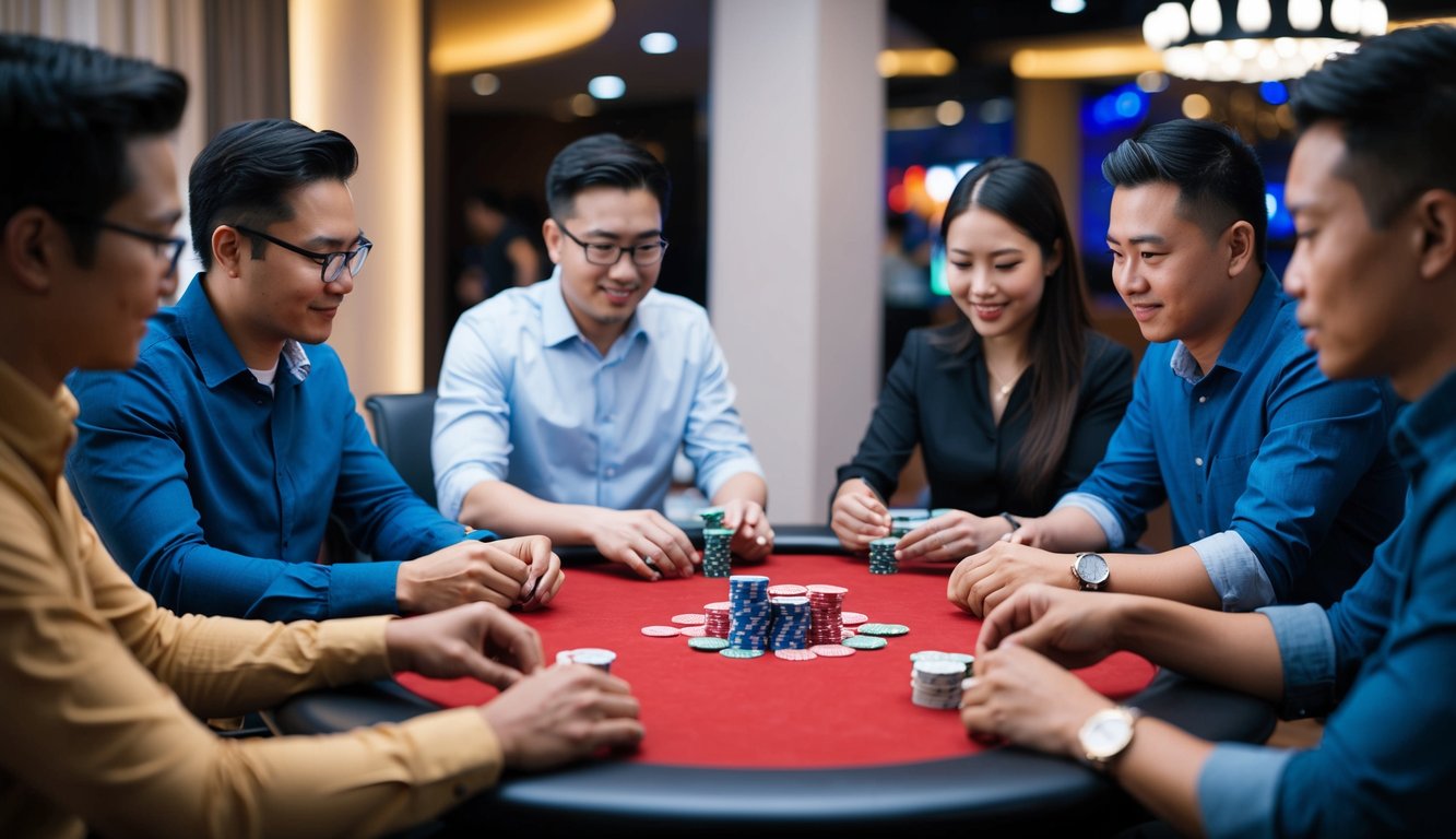 Sekelompok orang duduk di sekitar meja, masing-masing dengan sekumpulan kartu dan chip poker, fokus pada permainan Judi Ceme Online