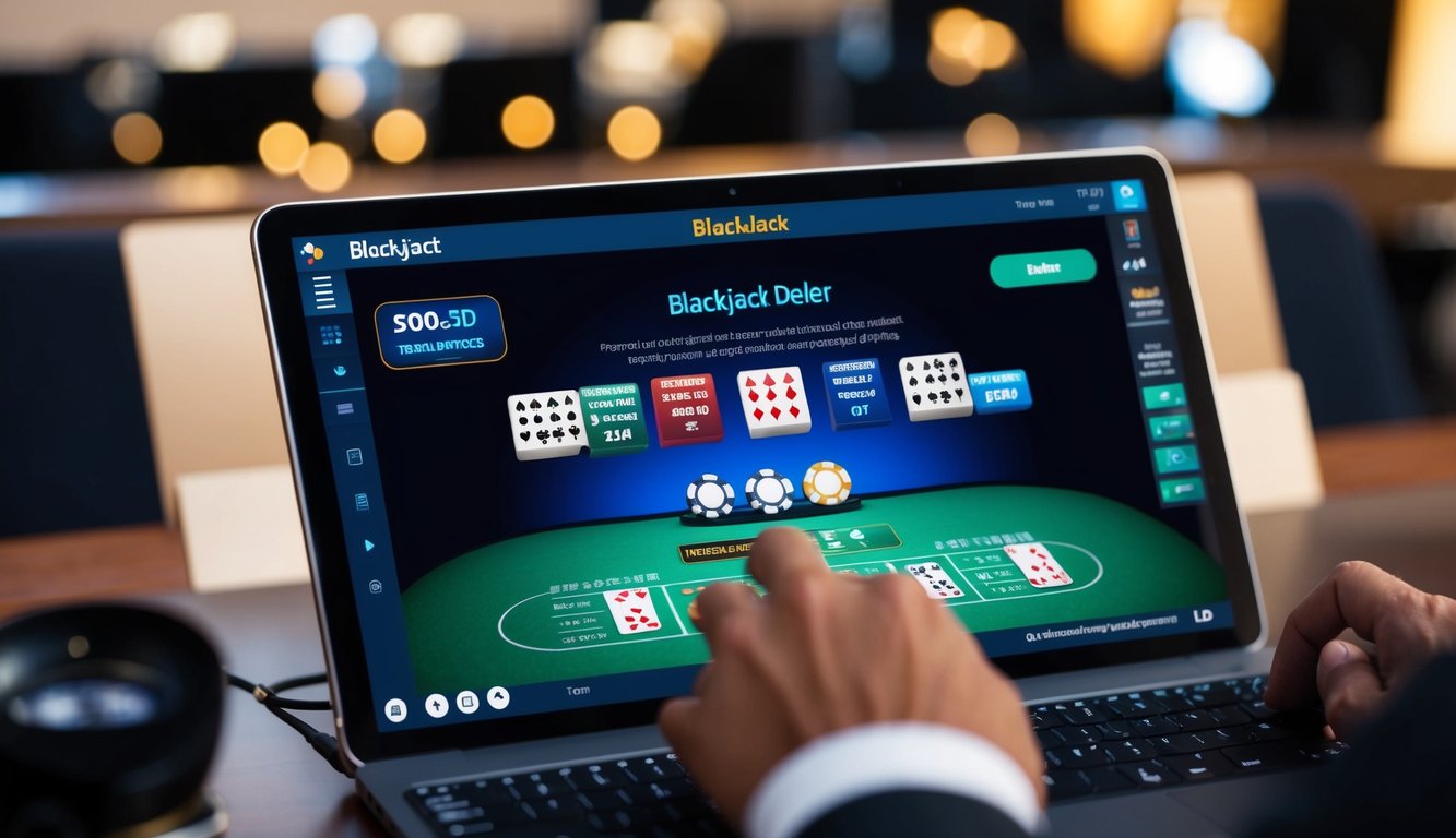 Antarmuka permainan blackjack online yang ramping dan modern dengan warna-warna cerah dan grafik yang tajam, menampilkan dealer virtual dan berbagai opsi taruhan