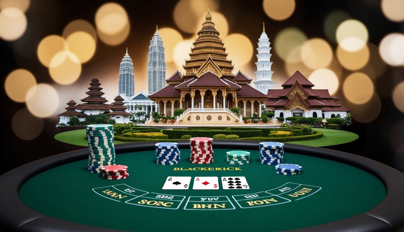 Sebuah meja blackjack virtual dengan kartu dan chip, diatur di latar belakang simbol dan landmark budaya Indonesia