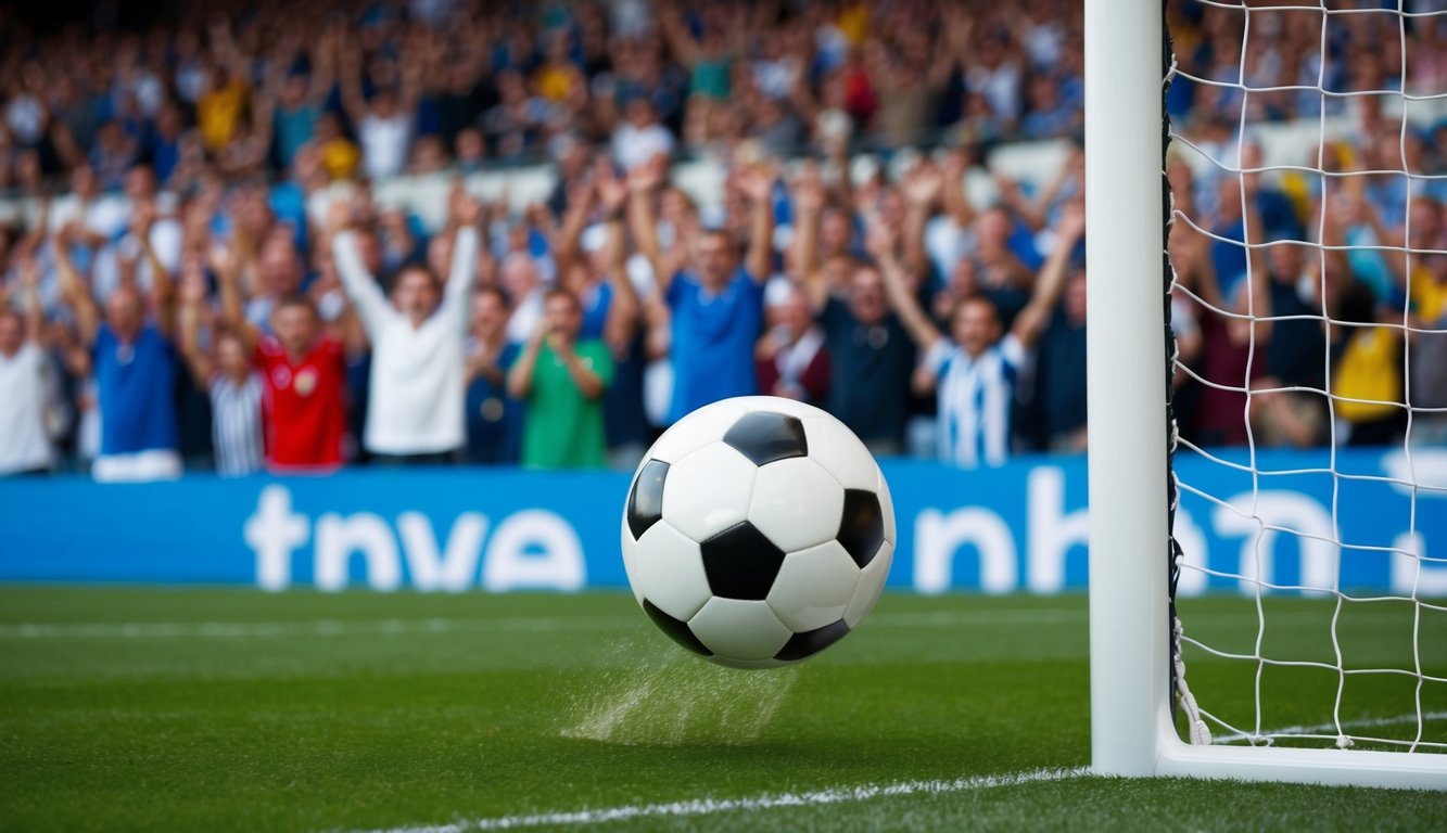 Sebuah bola sepak yang menggulung ke dalam jaring gawang, dikelilingi oleh penggemar yang bersorak di stadion