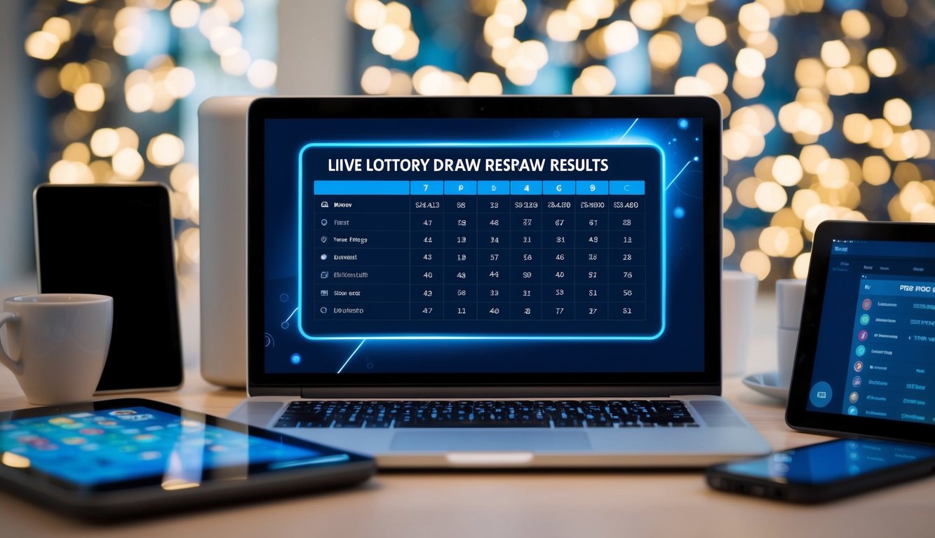Sebuah layar digital yang menampilkan hasil undian lotere langsung di platform online, dikelilingi oleh perangkat elektronik dan antarmuka yang ramping serta modern