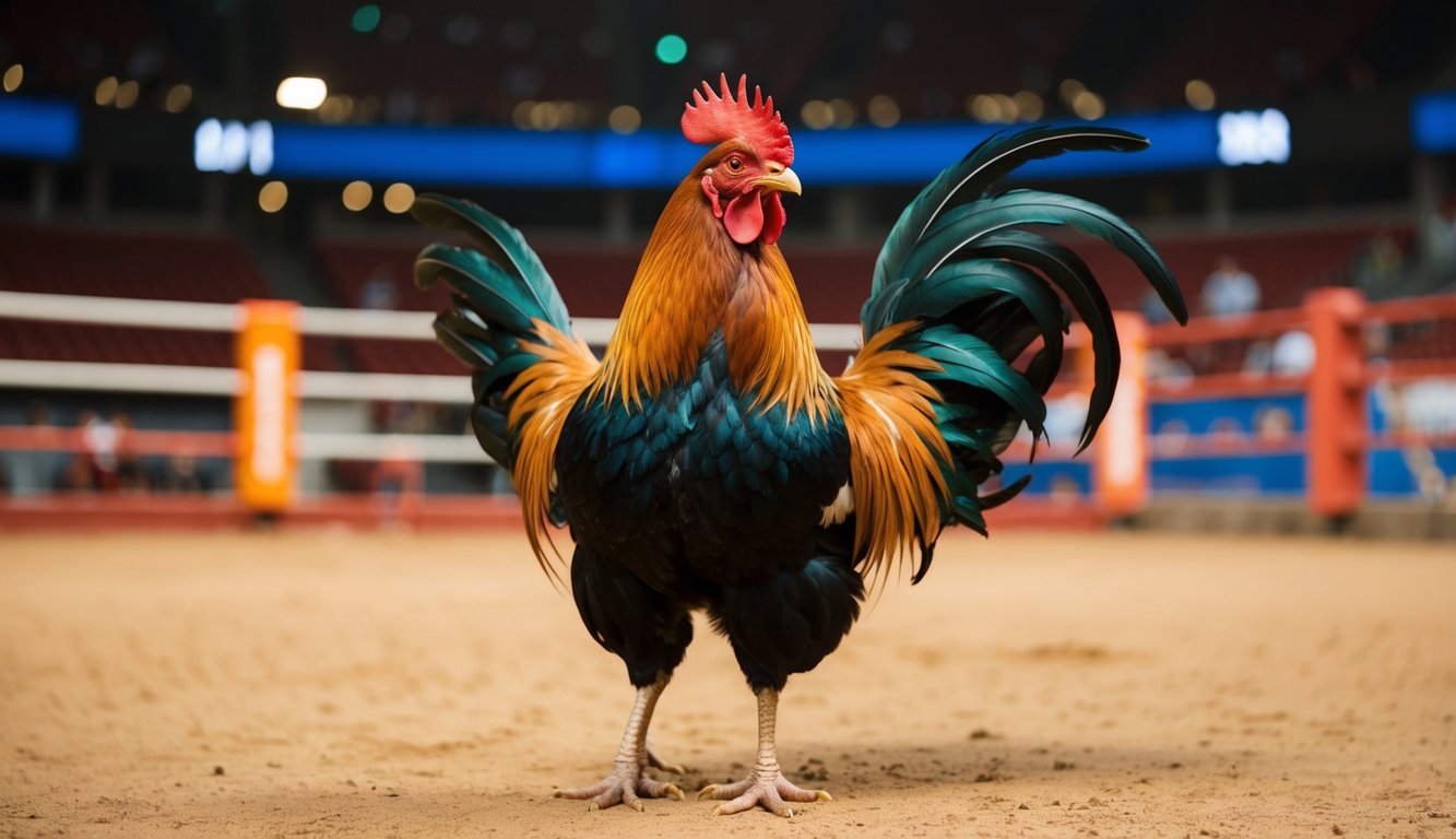 Seekor ayam jantan berdiri dengan percaya diri di arena daring yang aman untuk sabung ayam