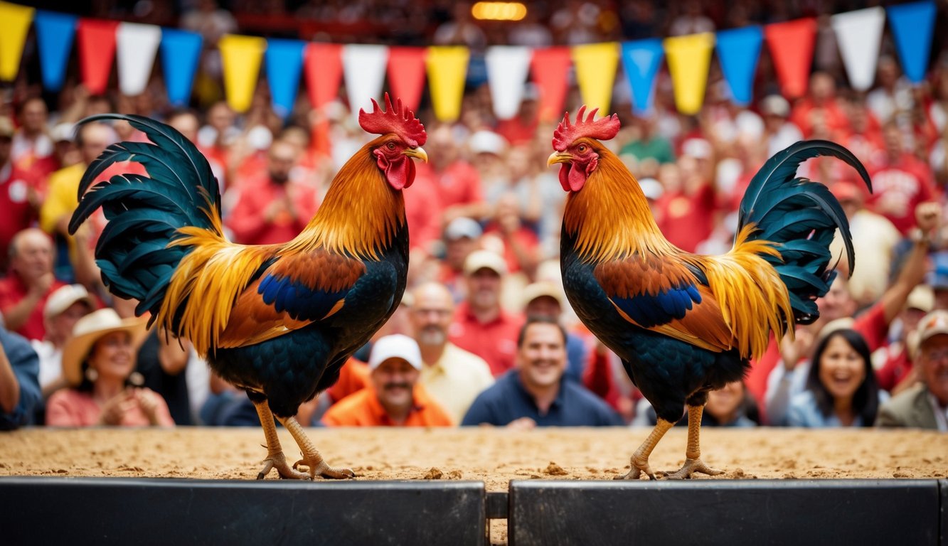 Dua ayam jantan berhadapan di arena yang ramai, dikelilingi oleh penonton yang bersorak dan spanduk berwarna-warni