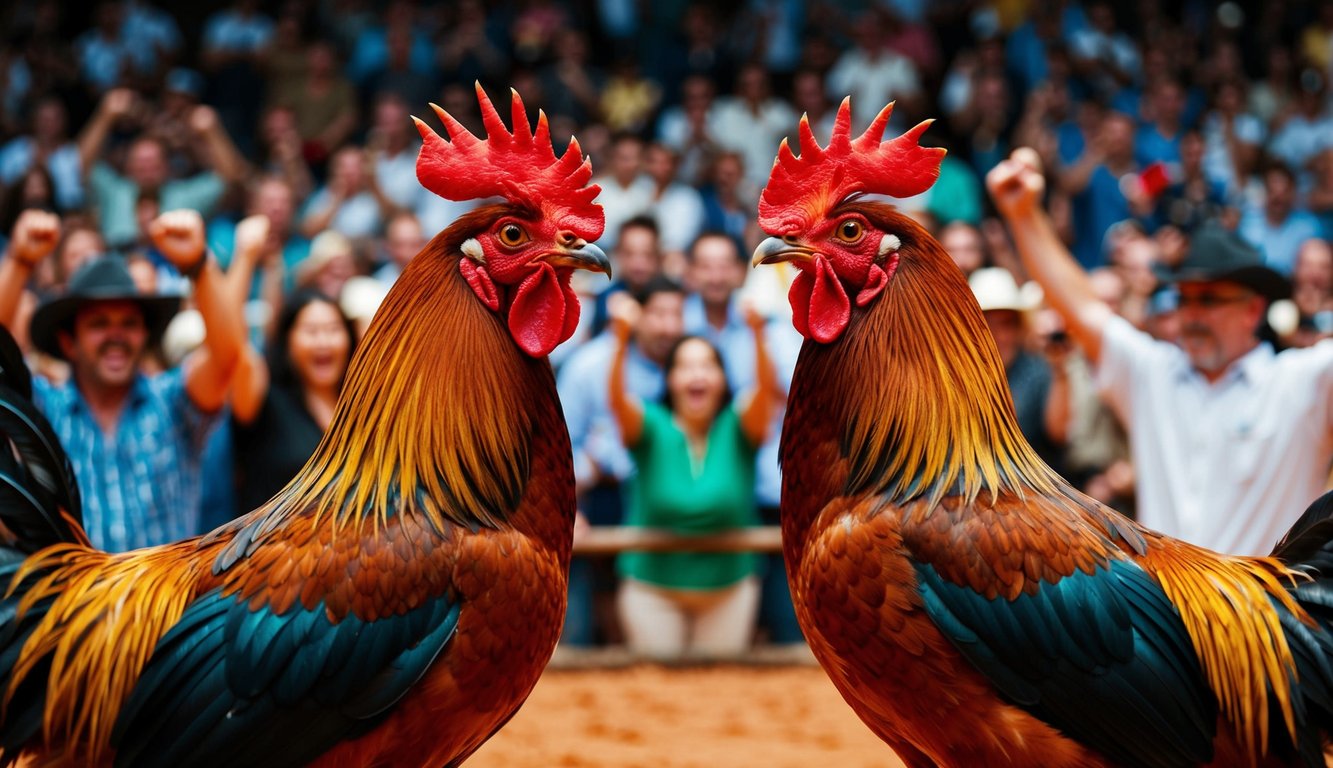 Dua ayam jantan berhadapan di arena yang ramai, dikelilingi oleh penonton yang antusias meneriakkan dukungan untuk pertarungan ayam yang intens