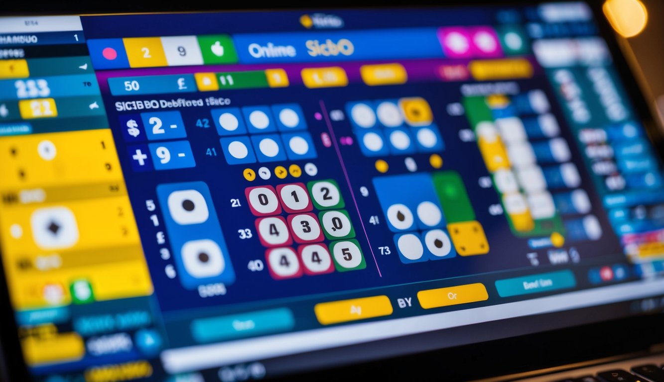 Antarmuka taruhan Sicbo online yang hidup dengan dadu, chip, dan berbagai opsi taruhan yang ditampilkan di layar digital