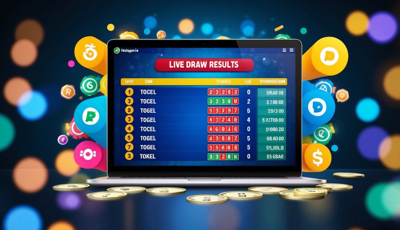 Sebuah layar digital yang menampilkan hasil undian langsung untuk platform Togel online, dikelilingi oleh grafik dan simbol yang berwarna-warni