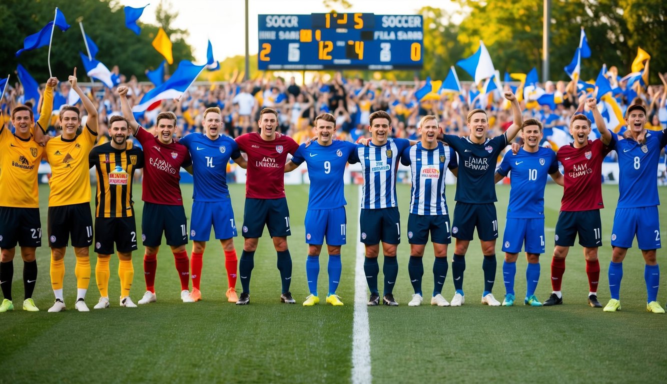 Sebuah lapangan sepak bola dengan berbagai jersey tim dan papan skor, dikelilingi oleh penggemar yang antusias berteriak dan melambai-lambaikan bendera